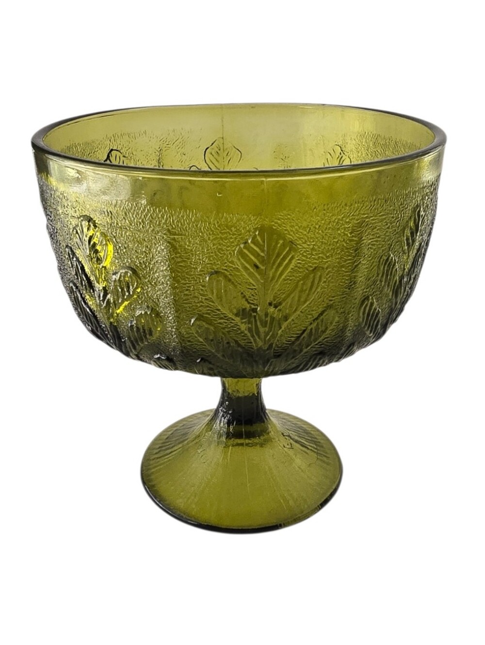 FTD Vintage Avocado Green Oak Leaf Footed Candy Dish / Compote Bowl 1978